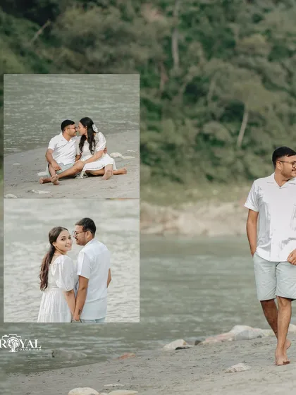 A collage of a couple in white outfits sharing intimate and candid moments by the river.