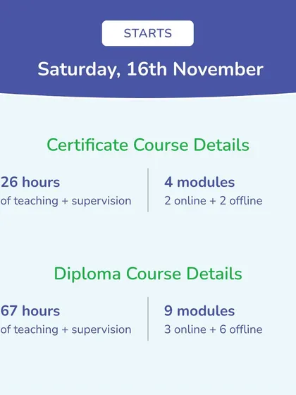 This graphic provides details on our Neuro-Dramatic-Play courses, including the hours and modules for both the Certificate and Diploma options. The program starts on November 16th.