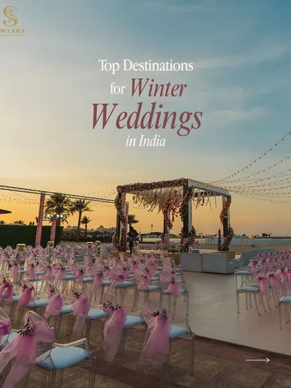 The cover image for my guide to "Top Destinations for Winter Weddings in India," showcasing a beautiful beachside mandap setup.