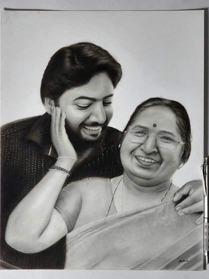 A finished portrait of a mother and son, drawn from separate reference photos. This piece shows how I can create a shared moment even if one didn't exist in a single photograph.