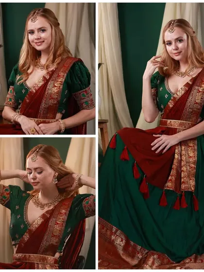 A collage of actress Irina Rudakova in a traditional green and red South Indian outfit, showcasing various poses and expressions that capture her desi look.