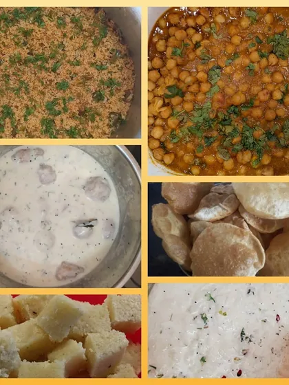 This customized lunch was for a friends' meet-up. The menu included Puri with Chana Masala, Dahi Vada, Vangibhath, and a sweet Coconut Barfi to finish the meal.