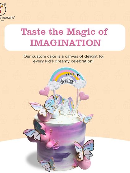 Taste the magic of imagination with this enchanting unicorn and butterfly cake. The purple and pink ombre frosting, combined with a rainbow topper, creates a truly magical centerpiece for a fantasy-themed party.