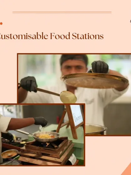 We offer customizable food stations to fit your event's theme. This graphic shows our chefs in action at a live dosa and pasta counter, demonstrating the fresh, on-the-spot preparation we are known for.