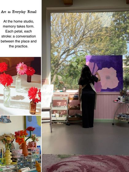 Art as an everyday ritual. The home studio, where memory takes form. Each petal and each stroke is a conversation between the place and the practice, showing how creativity is woven into the fabric of the home.