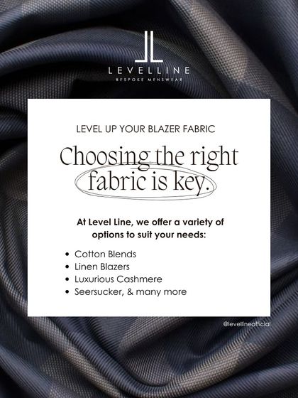 An informational graphic explaining the importance of choosing the right fabric for your blazer, from cotton blends and linen to luxurious cashmere.