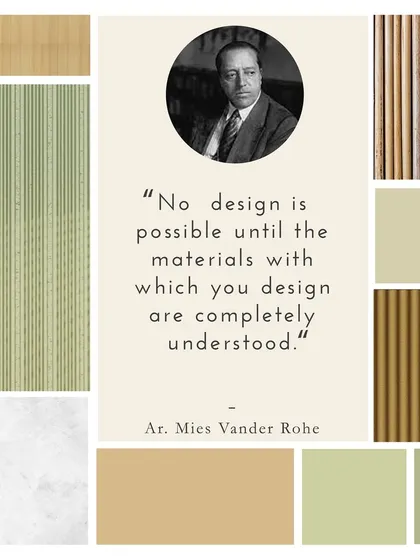 Understanding materials is the foundation of good design. I carefully select every element for its longevity, function, and affordability, ensuring it fits the overall theme. This mood board shows the natural textures of bamboo and earth tones that I love to work with.