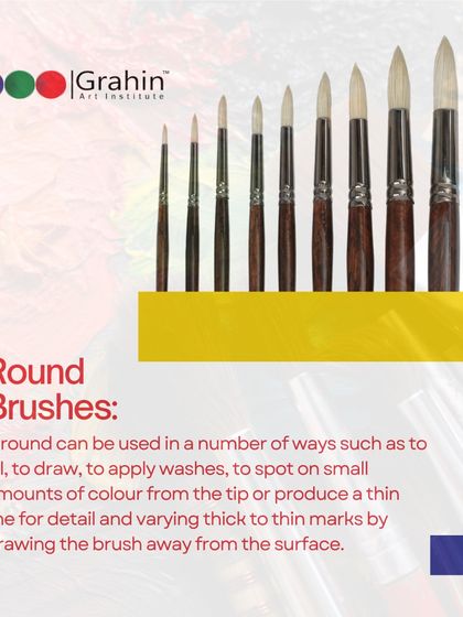 The Round Brush is a versatile tool used for filling, drawing, and applying washes. Its tip can be used for fine details, while the body can create marks that vary from thick to thin.