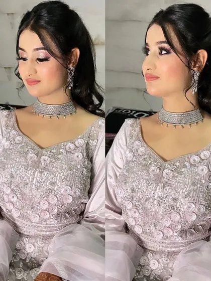 Two angles to show off this perfect cocktail glam look. The side profile highlights the soft hairstyle and the beautiful shimmer on the eyelids. It’s all about the details.