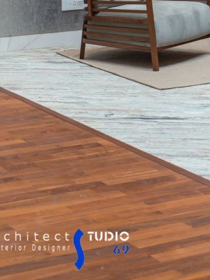 A collection of detail shots from "The White House" project, focusing on material interplay: artistic light fixtures on concrete walls, elegant mirrors, and the transition between wood and patterned flooring.