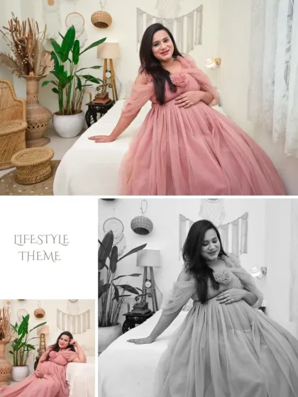 This collage shows the versatility of a single pose, presented in full color, black and white, and as part of a wider shot. It highlights the artistic options available in my lifestyle-themed sessions.