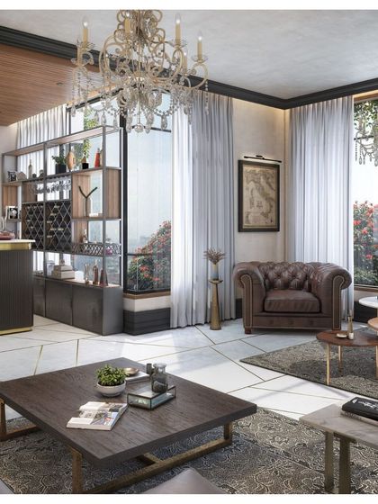 An interior view from the Ramdulari Towers concept, where large windows frame the sky and bring ample light into the living space. The design ensures that even in a high-rise apartment, residents feel connected to the world outside.