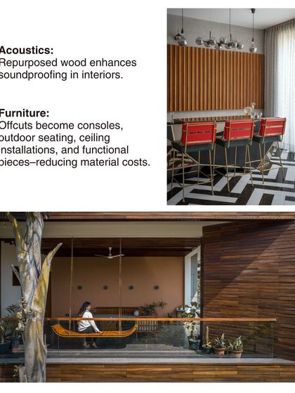 We explore ways to give waste wood a second life. This collage shows how repurposed wood can be used for acoustic paneling in a bar or for outdoor seating, reducing costs and creating purposeful design.