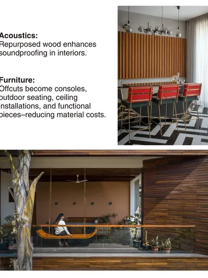 We explore ways to give waste wood a second life. This collage shows how repurposed wood can be used for acoustic paneling in a bar or for outdoor seating, reducing costs and creating purposeful design.