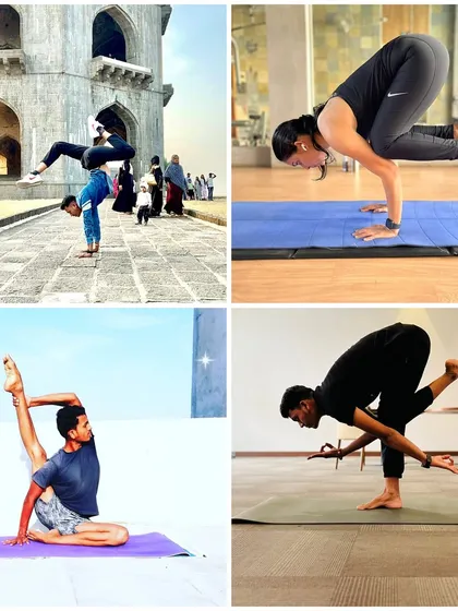 A collage of advanced poses in various settings, from a handstand in front of a historic monument to arm balances and deep stretches in the studio. Yoga can be practiced anywhere.