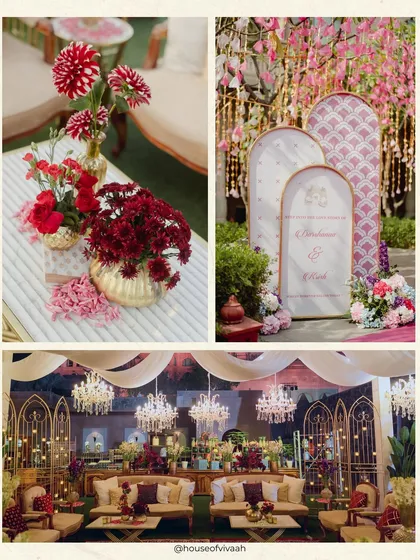 A collage of the wedding's welcome area, featuring Mughal-inspired arches, custom signage, and lush floral arrangements that set a tone of regal elegance.