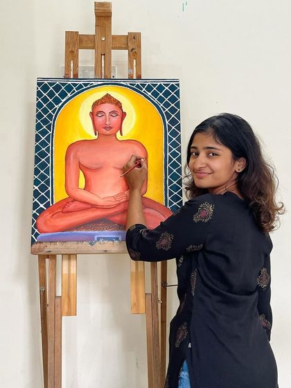 A work-in-progress picture of my Mahavir Swami painting. There is something magical about capturing the process, seeing the figure emerge from the canvas stroke by stroke.