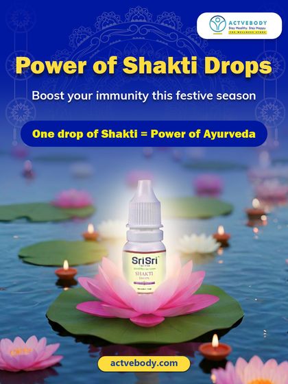 One drop of Shakti is the power of Ayurveda in a bottle. This beautiful image of a Sri Sri Shakti Drops bottle on a lotus flower symbolizes its purity and potency for boosting your immunity this festive season.