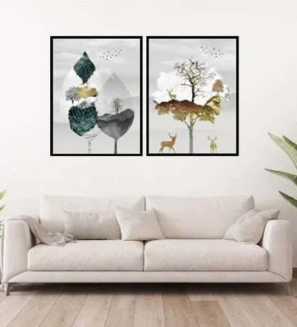This set of two framed prints offers a beautiful and eternal natural stage setting. Featuring abstract trees and deer, this artwork brings a touch of serene, artistic nature into your home.
