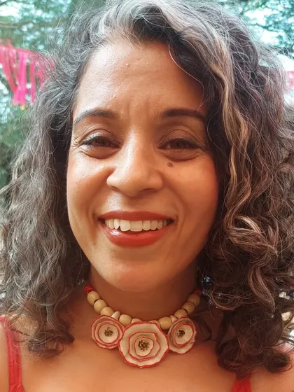 A happy customer wearing one of my flower necklaces at the Goa Potter's Fest. It's wonderful to see my wearable art being enjoyed.