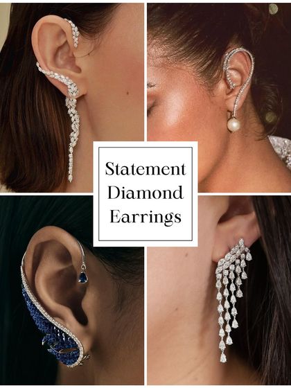 Statement diamond earrings, especially modern ear cuffs and dramatic drops, are a fantastic way to add high-fashion drama to a bridal or reception look. They blend heirloom charm with a contemporary edge.