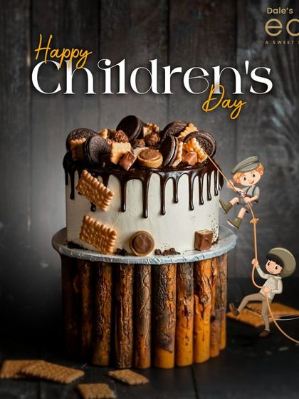 A fun and creative cake for Children's Day, featuring a drip cake with cookies and biscuits, and little explorer figurines climbing it.