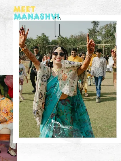 Meet the bride, Manashvi, making a grand, joyful entry at her Haldi carnival. We love capturing the bride's happiness.