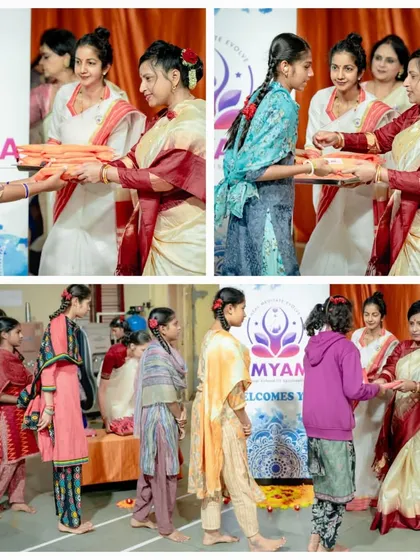 This collage captures the joy of learning and achievement at our Spiritual Evening for the girls of a Sanskrit Gurukul. Here, Maa Aditiji presents certificates, marking the completion of their introductory spiritual training and celebrating their progress.