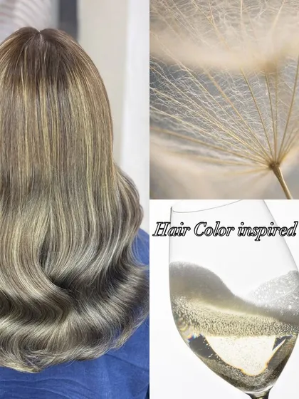 This creative shot shows the inspiration behind the platinum ash color. It's light, airy, and effervescent, just like a dandelion seed or a glass of champagne.
