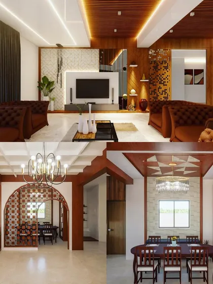 3D designs for our Nagarbhavi project in progress. This collage shows concepts for a living room with a veneer TV unit and a dining area with a beautiful traditional archway.