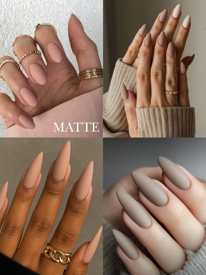 A matte finish can completely transform a nude manicure. This board shows how a velvety matte topcoat can give a sophisticated and modern look to various shades of nude.