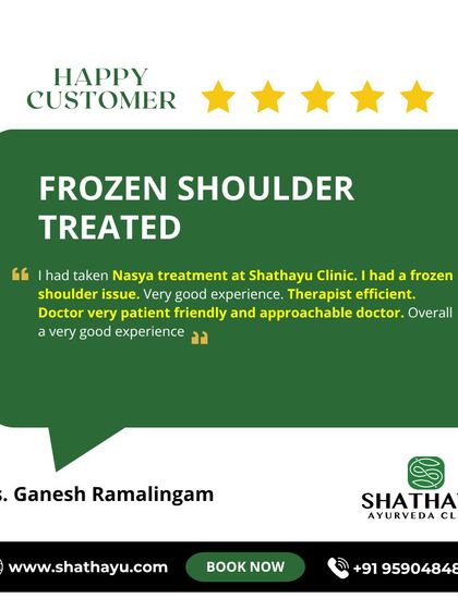 Frozen shoulder can be debilitating. Mrs. Ramalingam found relief through Nasya treatment at my clinic. Her experience highlights the efficiency of our therapists and the patient-friendly approach of our doctors in treating complex shoulder issues.