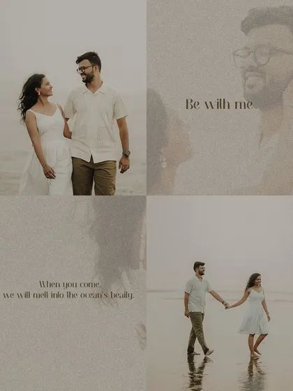 A moody and artistic collage from a beach pre-wedding shoot. These photos capture the quiet, intimate moments and the feeling of melting into the ocean's beauty together.