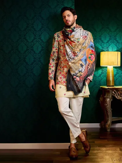 A full-length menswear lookbook image showcasing a layered ethnic outfit. The styling with a printed scarf and the moody studio lighting create a sophisticated look for the brand's catalogue.