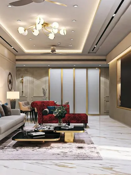 This is what I call creating a personal khazana. This luxurious living room in a Mumbai high-rise combines plush comfort with high-end style, featuring marble floors, statement lighting, and a curated color palette to create an inviting yet grand atmosphere.