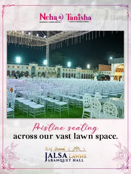 Pristine seating across our vast lawn space. We arrange hundreds of elegant white chairs with precision, ensuring both comfort for your guests and a visually stunning setup for your outdoor wedding ceremony or reception.