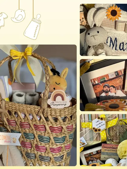 More details from the baby shower hamper, including a personalized photo frame and a cute woven basket filled with essentials.