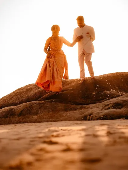 Sunsets and soulmates are a perfect match. We used the golden hour light on this beautiful beach to create a dramatic and romantic silhouette, turning a simple walk into a cinematic moment for this pre-wedding shoot.
