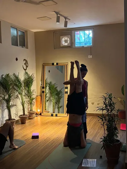 Assisting a student in a pike-up to headstand. This advanced entry requires significant core control and shoulder stability, which we build progressively in class.
