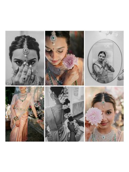 A collage of six bridal moments, showcasing different angles and emotions. From close-ups of her jewelry to playful shots with a flower, this collection captures the many facets of the bride on her day.