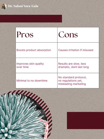 Here are the pros and cons of liquid microneedling. While it can boost product absorption with minimal downtime, the results are slow, and there are no standardized protocols, which can lead to misuse and irritation.
