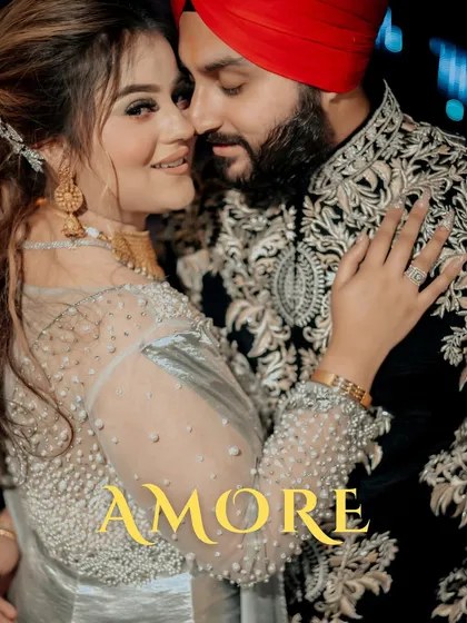 An intimate close-up of Gurbani and Gurneet, titled 'Amore'. The focus on their expressions and a gentle embrace captures the deep love between them.