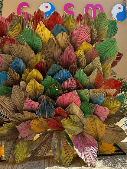 This multi-colored palm leaf backdrop was a true statement piece for a Haldi ceremony. It's a perfect example of how we use creative elements to make your event stand out.
