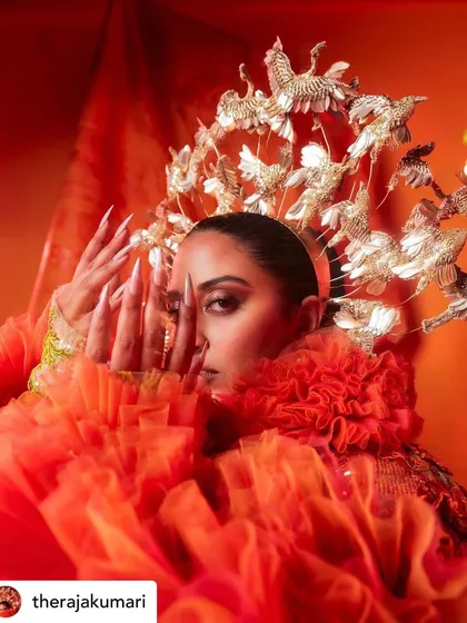 I had the honor of creating the nails for the queen herself, The Raja Kumari. For this look, we went with extra-long, sharp stiletto nails in a soft, pearlescent shade to complement her incredible couture outfit.
