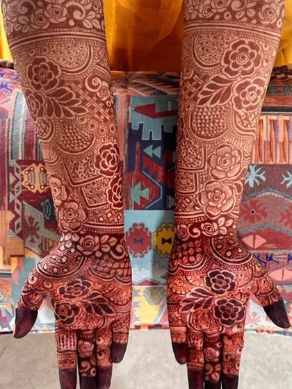 Here you can see the rich, dark color of my organic henna after it has matured for 24 hours. I love creating these full-arm bridal designs, filled with detailed floral and traditional patterns that are unique to each bride.