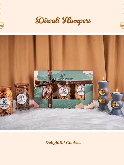 Our delightful cookies are a wonderful addition to any Diwali celebration. This gift set includes jars of our crunchy, flavorful cookies alongside a smaller assorted cookie box, paired with decorative candles.