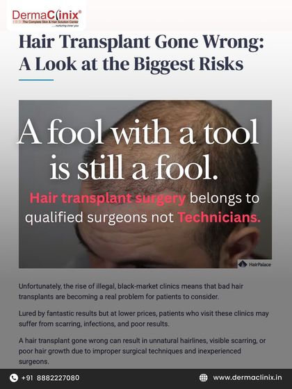 This image from an article warns against the risks of black market clinics where unqualified technicians perform surgery. A hair transplant gone wrong can result in unnatural hairlines, scarring, and poor growth.
