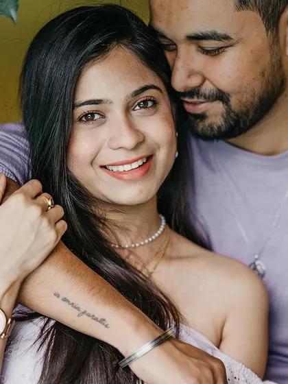 The beauty of a pre-wedding shoot lies in capturing the genuine connection between two people. This intimate close-up shows a moment of pure affection and happiness, highlighting the couple's natural chemistry.