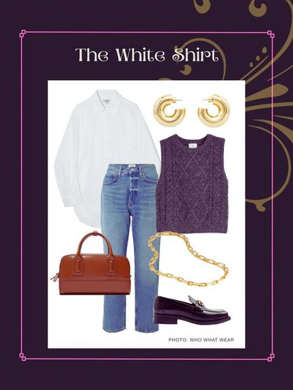 The classic white shirt is a year-round staple. For autumn, I love layering it under a knit vest and pairing it with jeans and loafers for a timeless, preppy look.