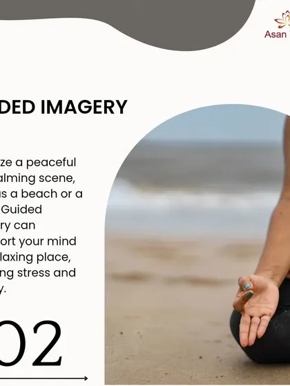 The second technique is Guided Imagery. Visualizing a peaceful scene like a beach or forest can transport your mind to a relaxing place, effectively reducing stress and anxiety during a hectic day.